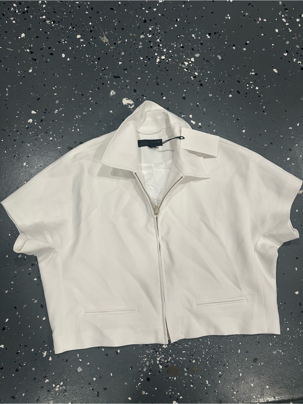 Zara White Cropped Zip-Front Short Sleeve Jacket